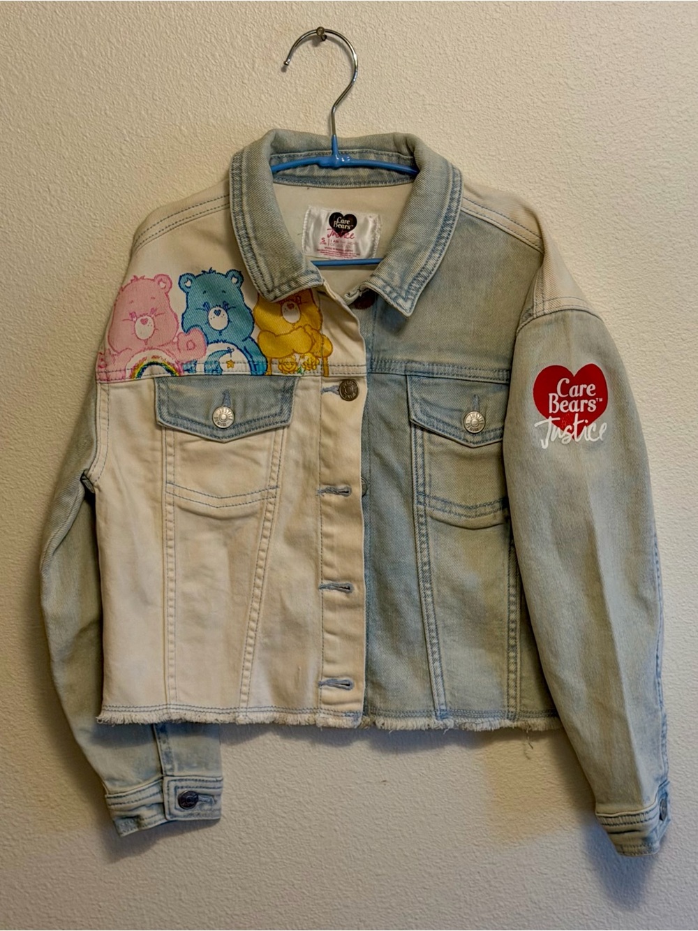 Justice x Care Bears Girls' Two-Tone Denim Jacket - Light Blue/White S 7/8